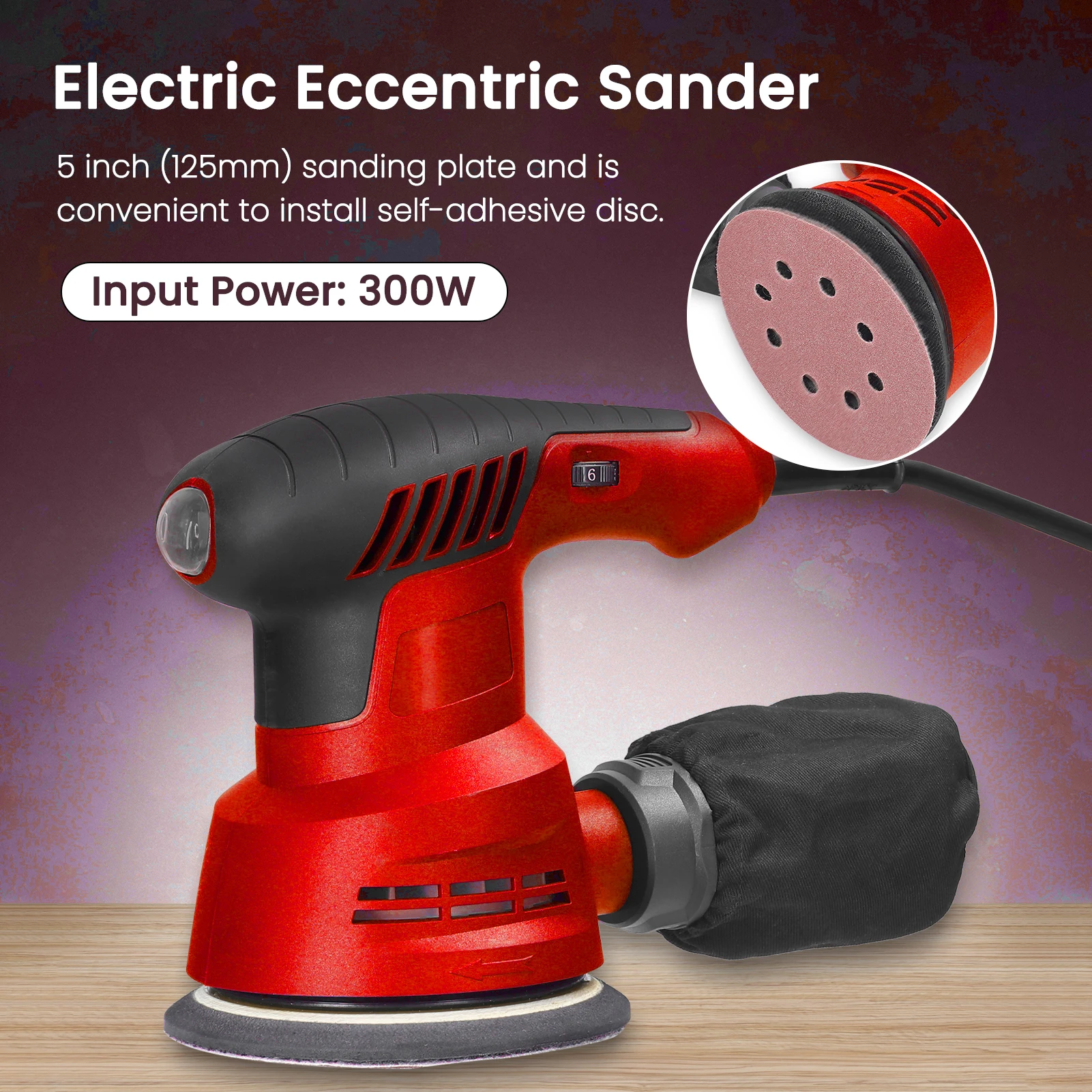 300W Handheld Electric Eccentric Sander 5 Inch 125mm Sanding Plate Electric Sander Wood Processing Furniture Car Polishing