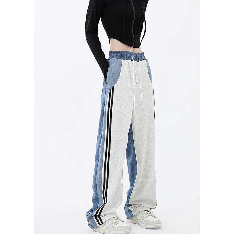 Women Early Spring High Waist Contrast Color Drawstring Tie Up Sweatpants High Street Wide Leg Straight Cylinder Lady Trousers_voghion.com