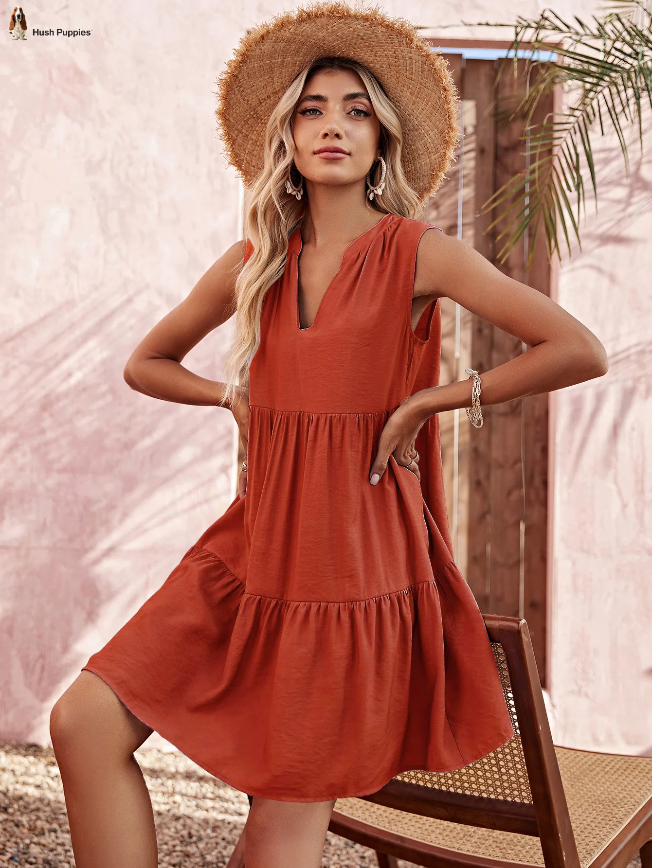 

Hush Puppies 2023 Fashion Sleeveless Ruffles Loose Dress Women Causal V-neck Blue Mini Dress Summer Vintage Female Vestidos