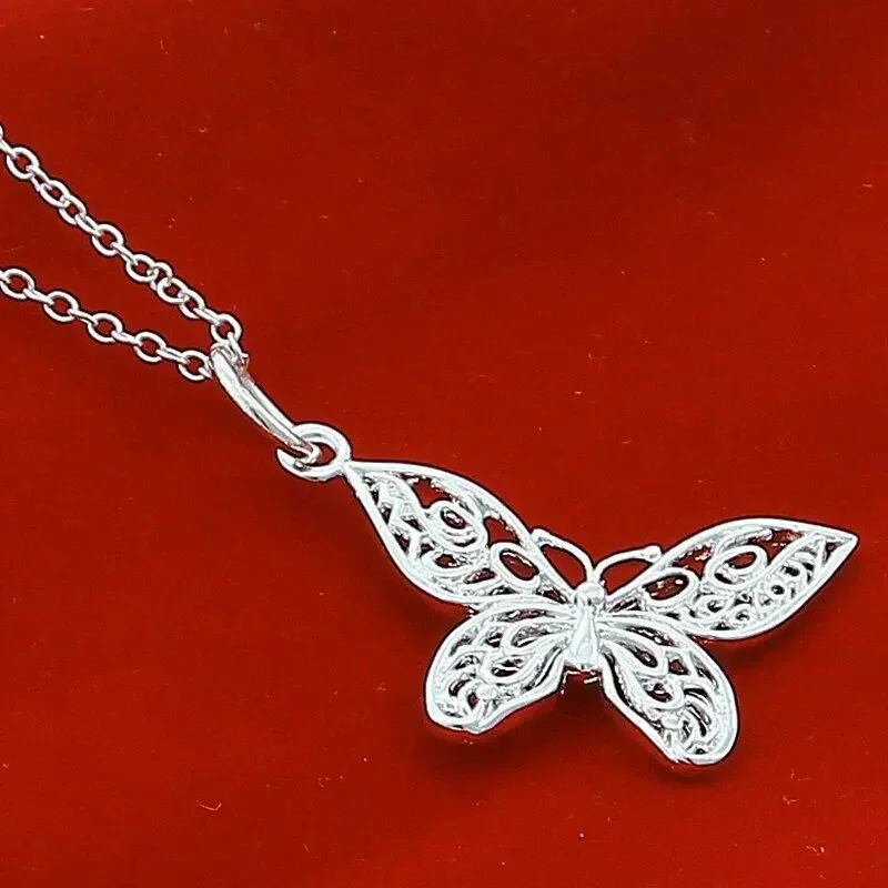 

CHUANGCHENG Women's 925 Sterling Silver Hollow Butterfly Pendant Chain Necklace Fashion Jewelry
