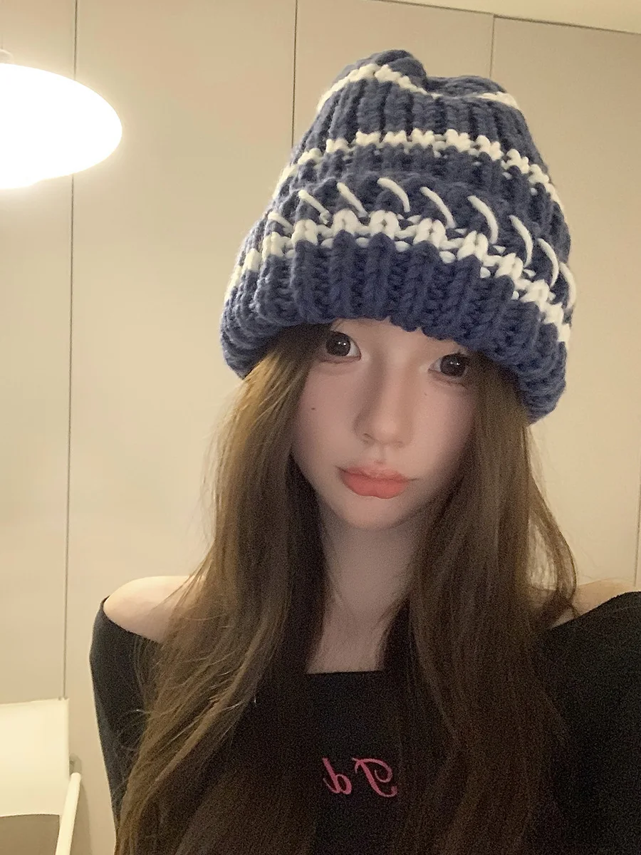 Gebreide beanie muts dames gestreept dik winter warm retro stijl_voghion.com