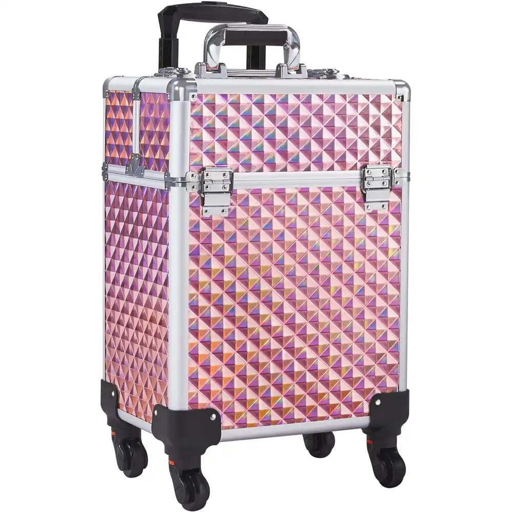 

Alden Design Rolling Makeup Train Case Cosmetic Trolley with Sliding Rail Holographic, Pink