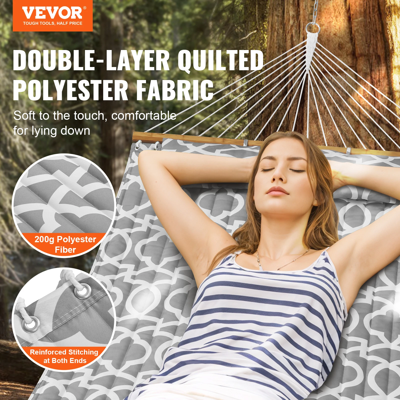 VEVOR Outdoor Hammock 12FT Double Hammock with with Detachable Pillow and Chains for Camping Outdoor Yard Beach 480lbs Capacity 2