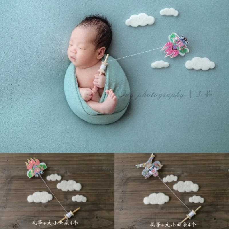 Dvotinst Newborn Baby Photography Props Handmade Wool Clouds with Kite Set Fotografia Accessories Studio Shooting Photo Props