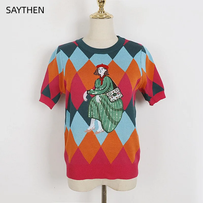 

SAYTHEN Women's Spring Summer Contrast Diamond Round Neck T-Shirt New Vintage Embroidery Cartoon Girls' Graphic Top ST233291