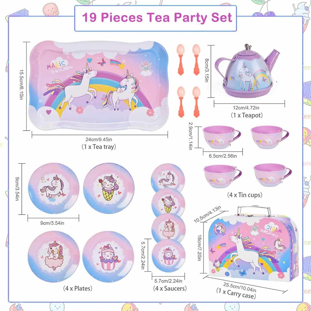 WizKidz Unicorn Tea Party Set for Little Girls Pretend Purple Tin Teapot Cups Plates Carrying Case Birthday Gift for Kids Age 3+ 6