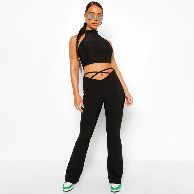 Y2k Flare Pants E Girl Style Sexy Strechy Trousers Women Lace Up V Waist Low Rise Harajuku Black Pants
