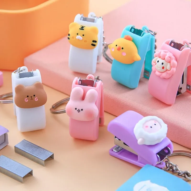 Cute Mini Stapler 10# Keychain Ring Kawaii Cartoon Staples for Student Gifts Office Documents Test Paper Binder School Supplies