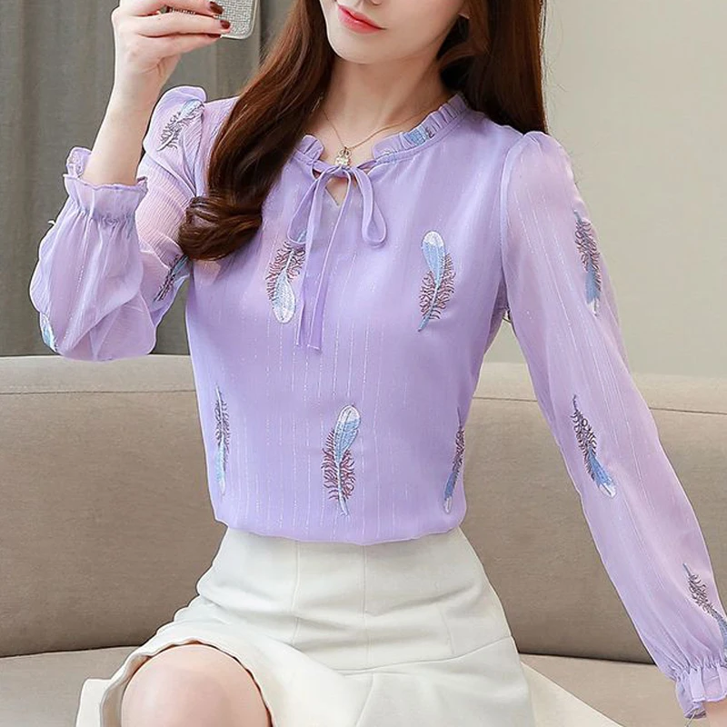 여성용 러플 레이스 업 블라우스, 우아한 셔츠, V넥 긴팔, 루즈한 상의, 용수철 가을, 한국 패션