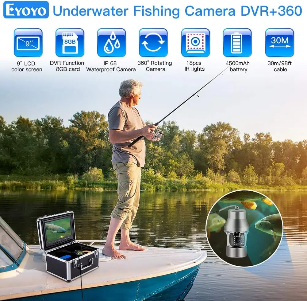 Underwater Fishing Camera Video Fish Finder Function 9 inch Large Color Screen 360&deg; Horizontal Panning Camera