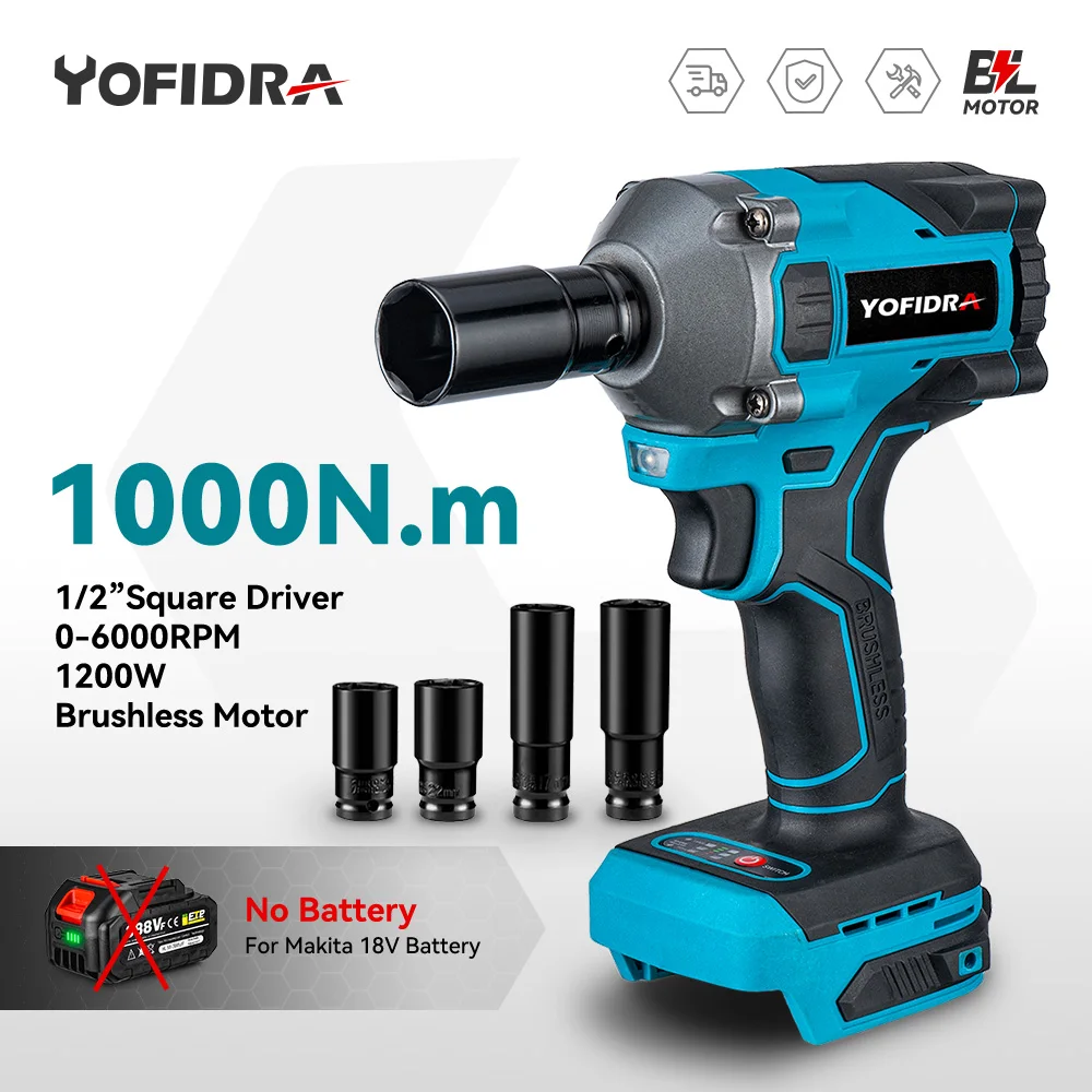Yofidra 1000N.m 20V Brushless Electric Impact Wrench Cordless Wrench Socket 1/2 Inch Car Wheel Lugs For Makita 18V Battery