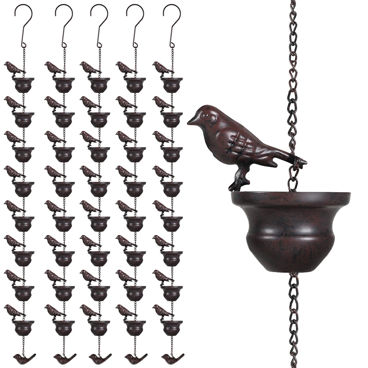 5PCS/1PCS Mobile Birds on Cups Rain Chain Hanging Home Chain Downspout Tool Garden Decor for Gutters Downspouts Outside 7.87 Ft