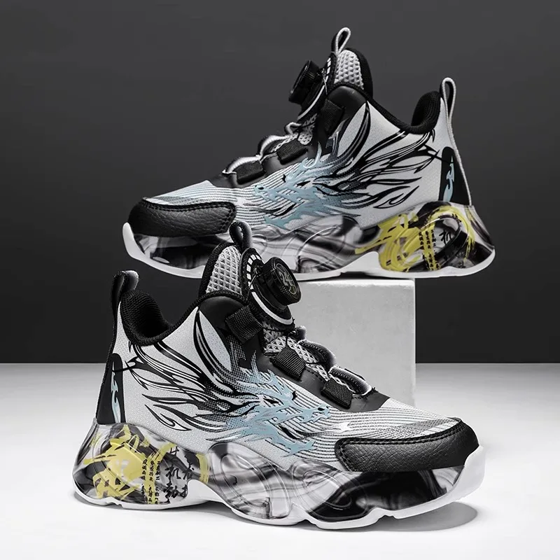 New Boys Basketball Shoes High-Top Mesh Sport Sneakers with Rotating Button, Breathable & Shock-Absorbing Running Shoes for Kids 5