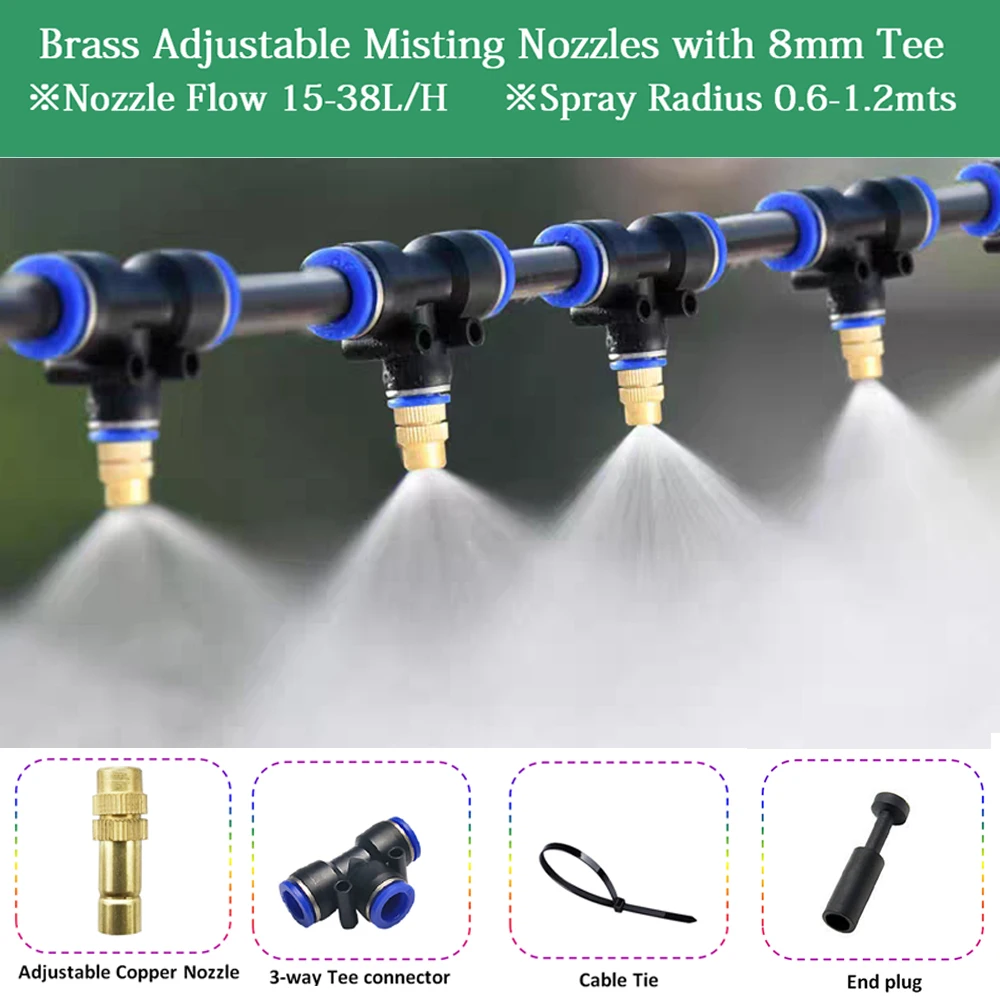 

6/10/20 Sets Adjustable Copper Misting Nozzle Universal Spray Sprinkler With 8mm Tee Connector for Watering Irrigation Cooling
