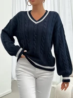 Striped trimmed twisted flower knitted shoulder sweater - Image 4