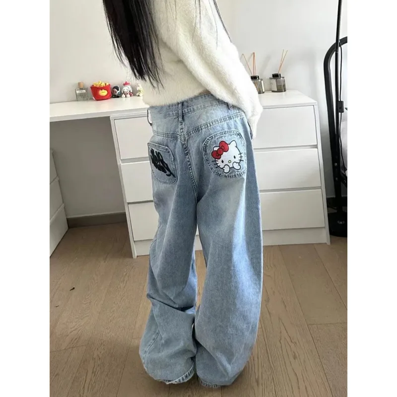 헬로 키티 산리오 Y2k 데님 바지, 레트로 레터 자수 청바지, 하이웨이스트 루즈 와이드 레그 팬츠, 하이 스트리트 팬츠