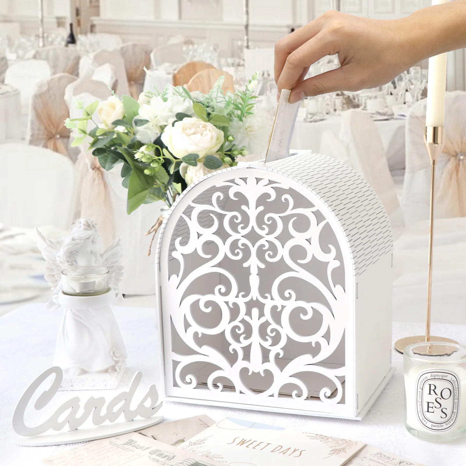 White Gift Card Box with Hollow Window Boho Wedding Envelope Money Wedding Card Boxes for Graduation Party Decorations wooden gift card boxes,acrylic card box