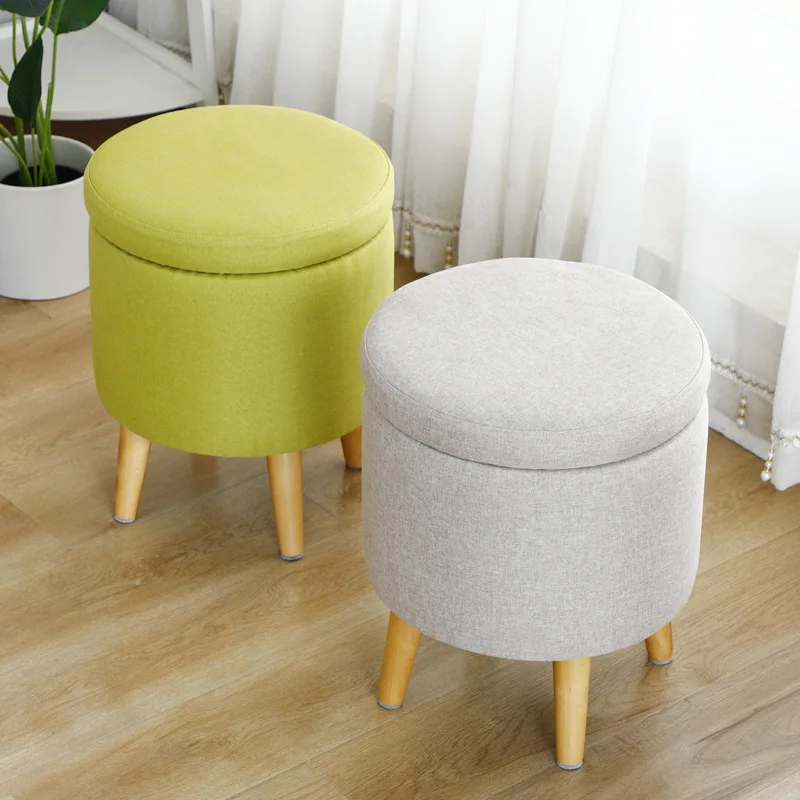 Removable Studio Round Storage Shoe Change Footrest Stool with Lid Tufted Vanity Dressing Chair Line Fabric Side