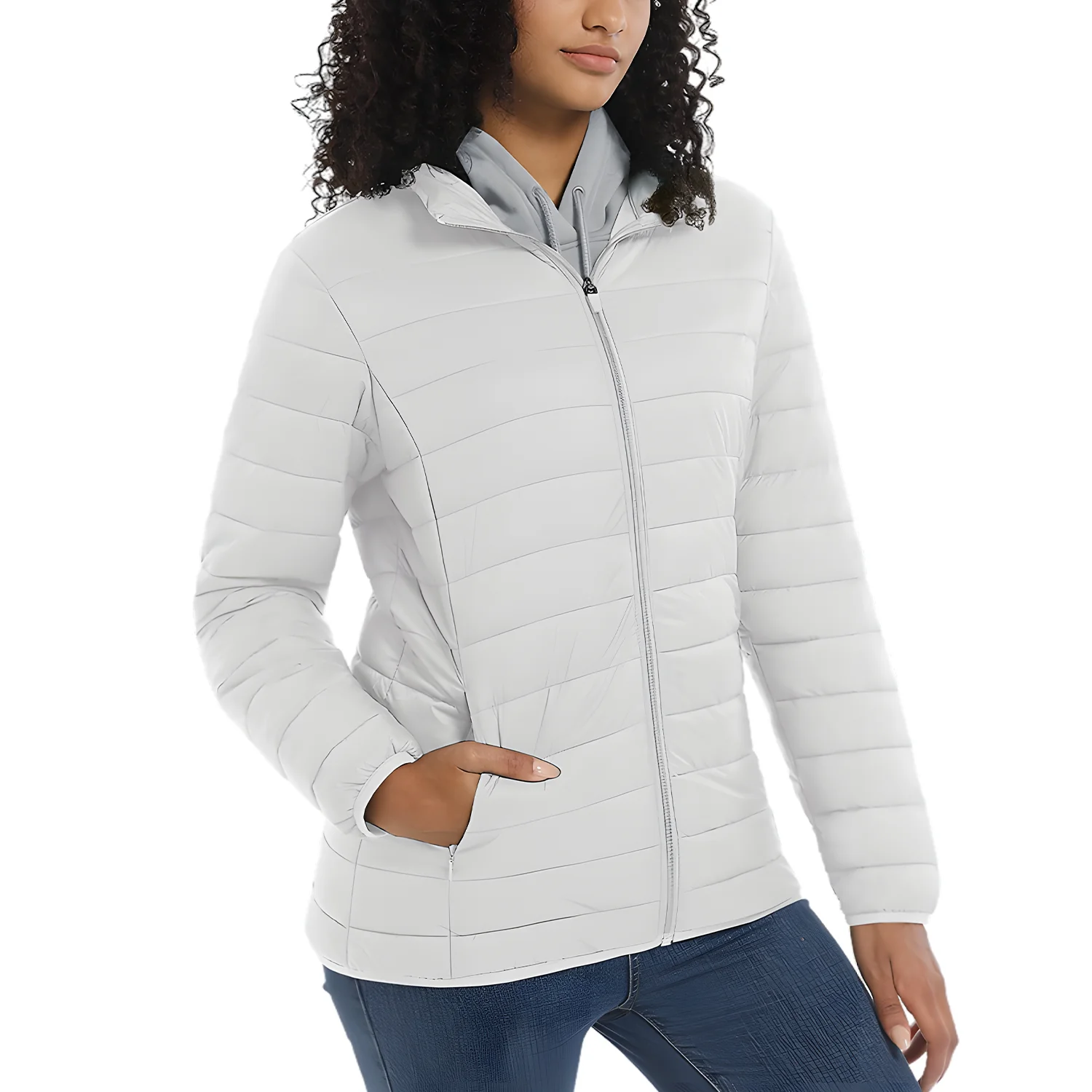 Damen-Pufferjacke mit Stehkragen, durchgehender Reißverschluss, leichte, warme Steppjacke, mehrere Taschen, gepolsterte Herbst-Winter-Outdoor-Jacke – Detail 8