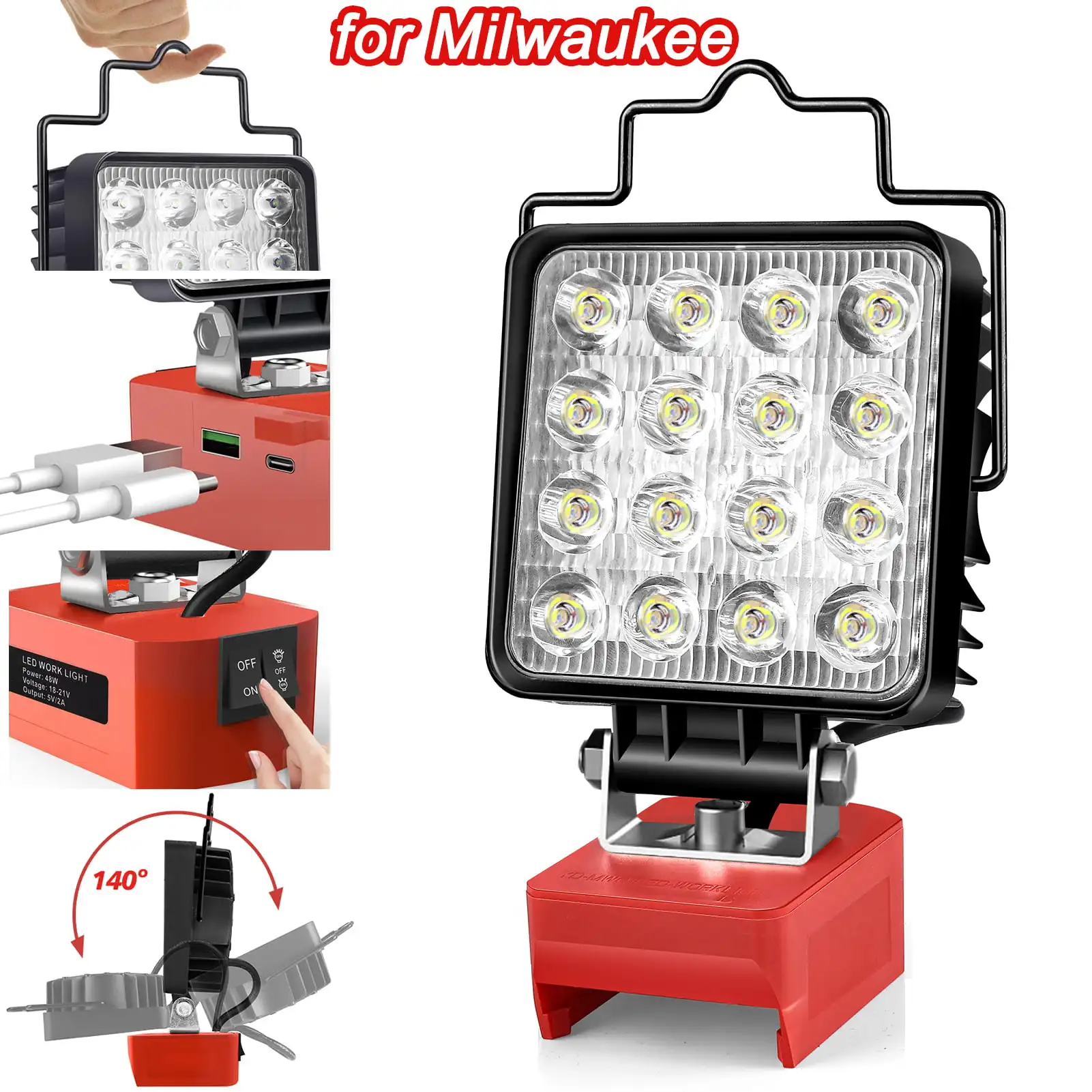 Portable Work Light 24W/48W LED Work Light For Milwaukee M18 Waterproof Cordless Flood Light with USB & Type-C Charging Port