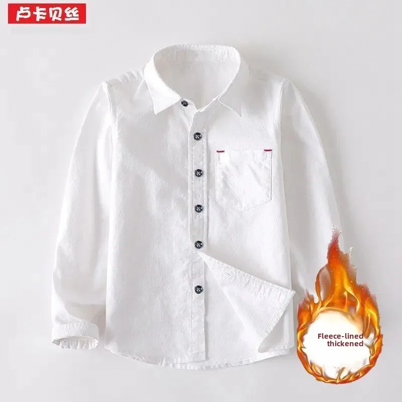 Boys Fleece Lined Long Sleeve White Shirt Student Uniform Performance Costume Children's Top Autumn Winter Fashion Kids Clothing