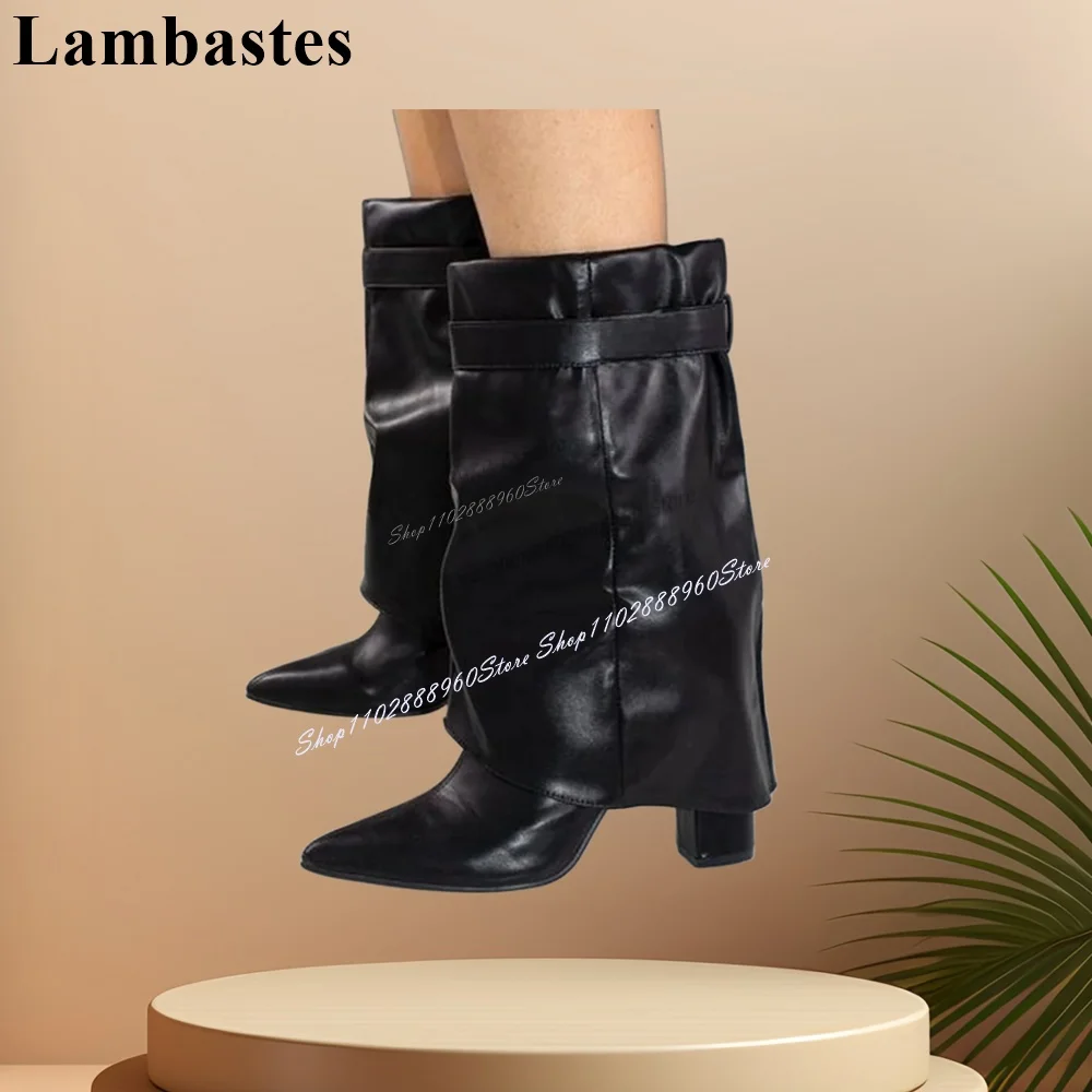 

Western Style Turned-Over Mid Calf Black Leather Boots Chunky High Heel Women Shoes Slip-On Pointed Toe 2023 Zapatillas Mujer