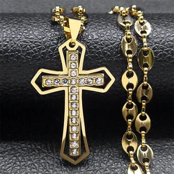 Gold Stainless Steel Jesus Crucifix Pendant Necklace with Coffee Bean Chain (C 60cm KFD GD)