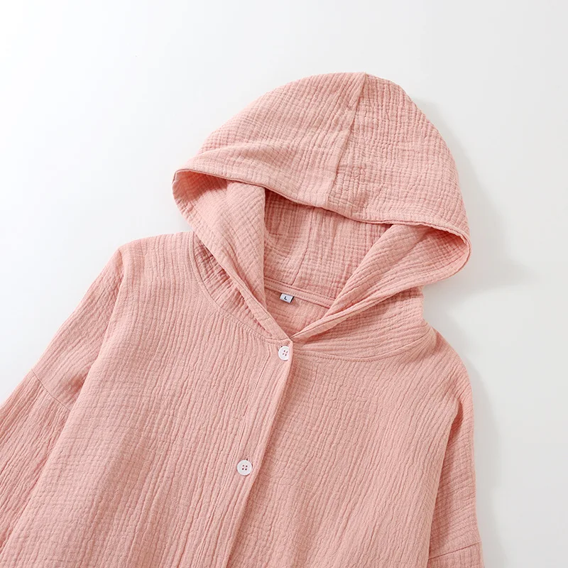 Cotton Double Layered Loose Cardigan Button Up Hooded Long Sleeved Bathrobe Nightgown with Pocket Couples Home Pajamas Clothes
