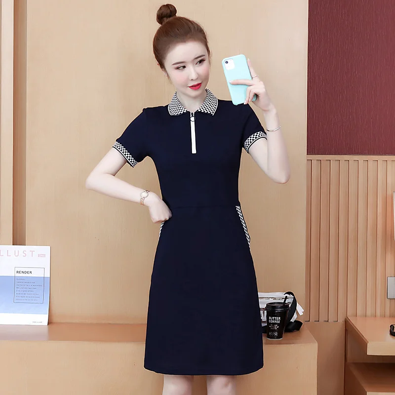 6403 격자 무늬 폴로 넥 짧은 드레스 여성용 반팔 사무실 미니 드레스, 슬림 지퍼, 우아한 포켓, 블랙, 블루, 여름 티셔츠 드레스