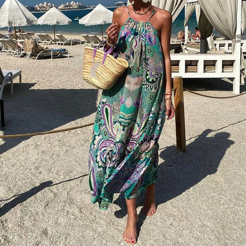 

Bohemian Halter Hollow Long Dress Summer Women Off Shoulder Pattern Print Loose Dress Casual Hollow Sleeveless Beach Dress Mujer