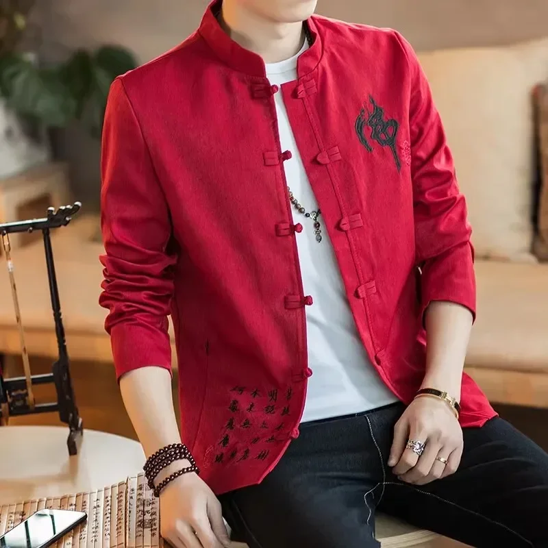 Vintage Embroidery Jacket Men's Fashion Brand Large Chinese Style Men's Clothes Casual Tang Cotton Linen Coat Traditional