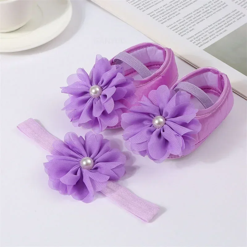 Newborn Girls Baby Shoes Party Pearl Flower Lace Baby Girl Headband Set Non Slip Cute Preschoolers Toddler Infant First Walkers 4