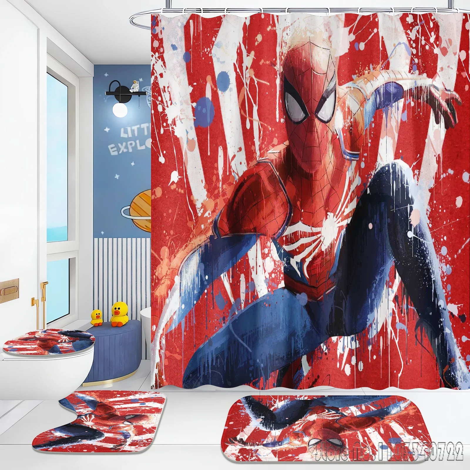 Boys Spider Man Anime Bath Shower Curtain Set 4pcs with Hooks Waterproof Bathroom Toilet Mat Lid Decor 3