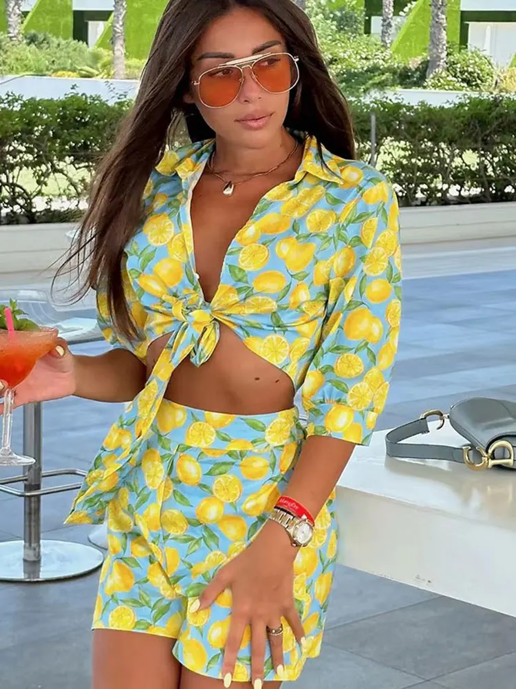 HH 2024 Women Fashion Fruit Print Shorts Elegant Zipper Fly High Waist Short Pant Casual Female Sweet Streetwear Shorts