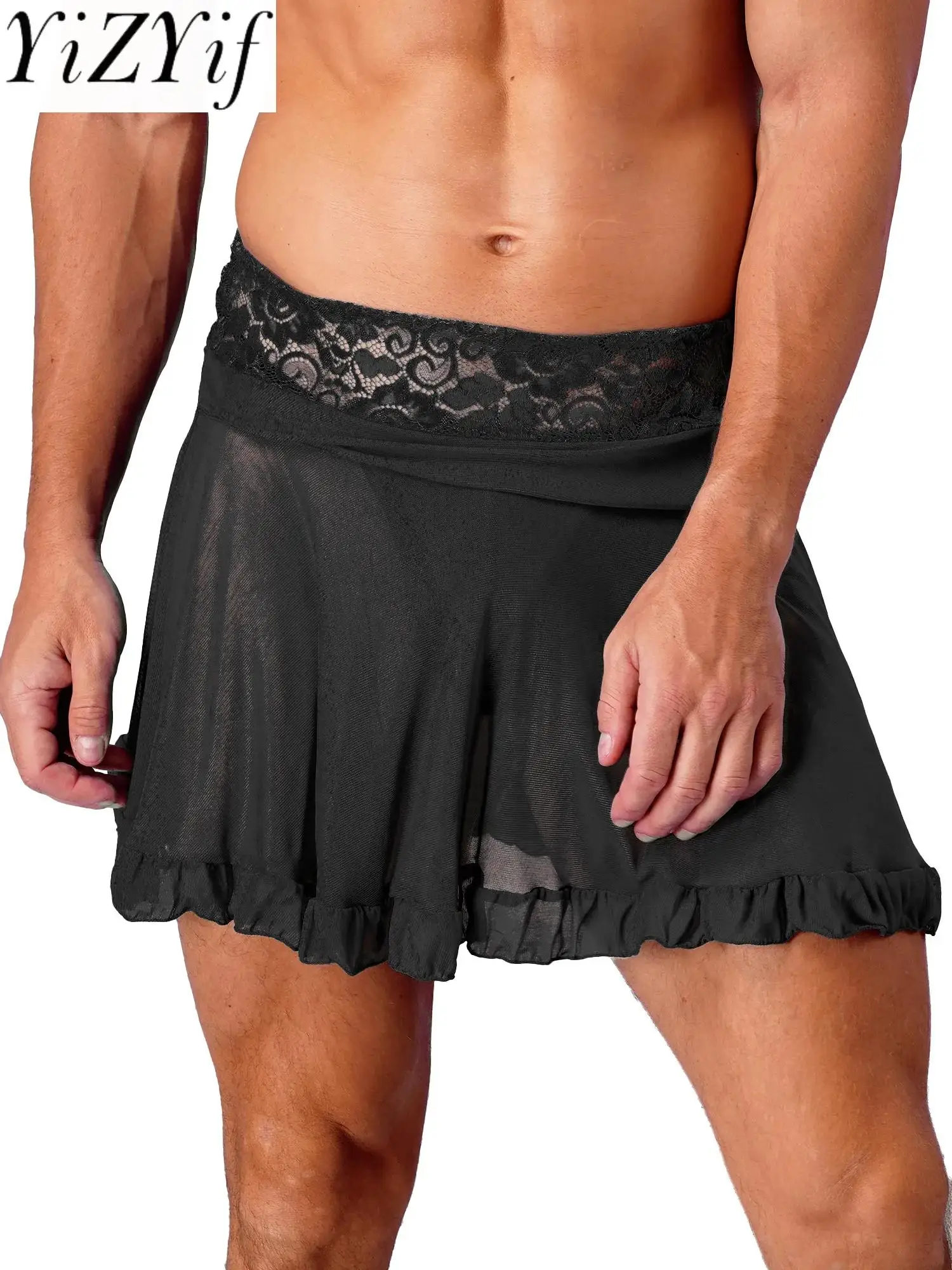 

Сексуальное мужское прозрачное Сетчатое белье для порно, нижнее белье, однотонная мини-юбка с высокой талией и стрингами, цветочные юбки