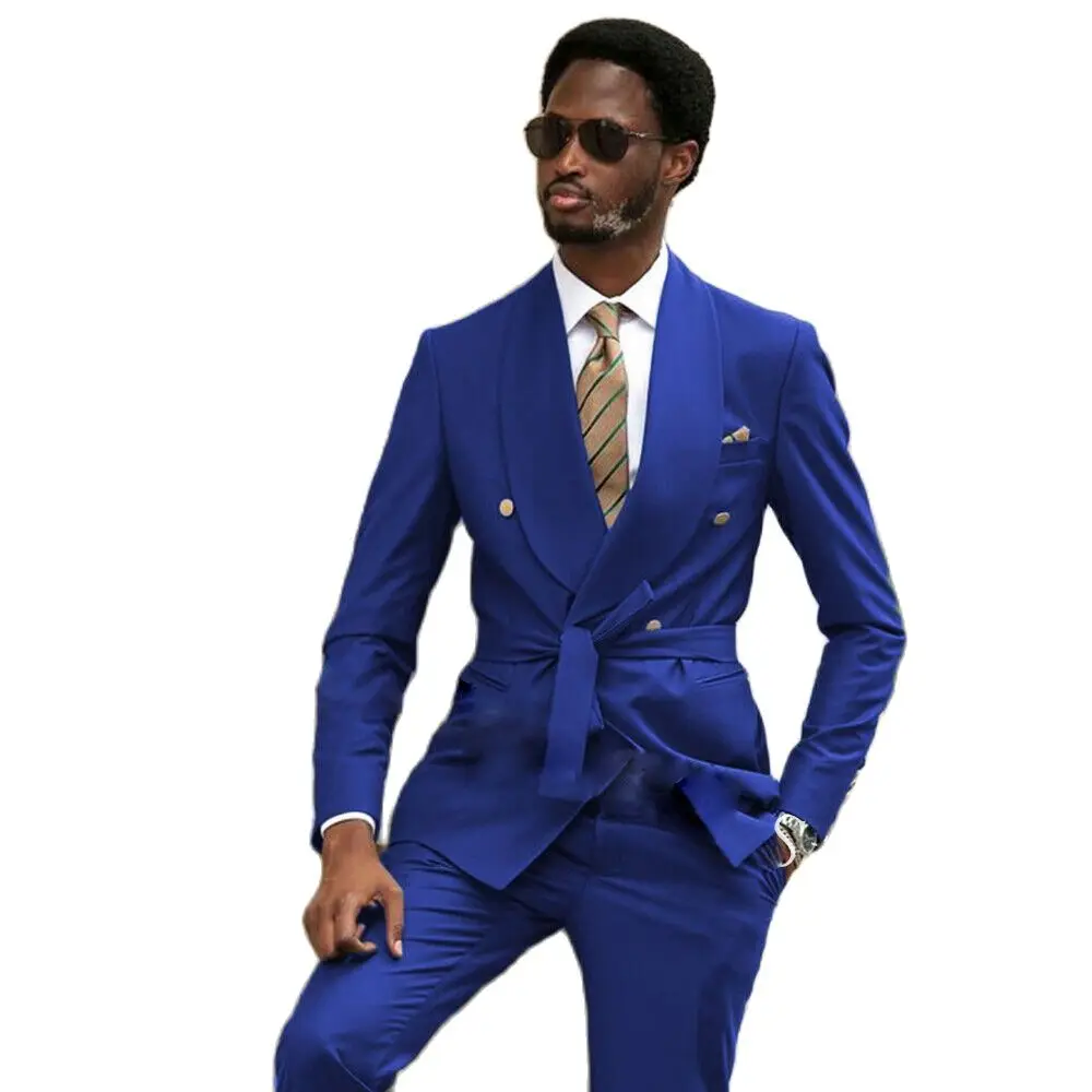 

Latest Men Suits Blazer Pants with Belt Slim Fit Double Breasted 2 Pieces Wedding Tuxedos Groom Wear Trajes De Hombre