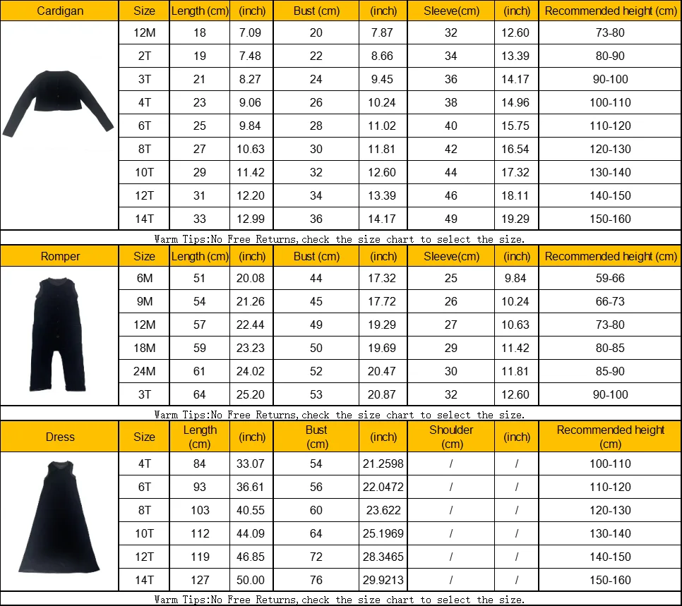 AW Mail's Sister Matching Clothing Girls Sleeveless Long Velvet Dress Infant Rompers Girl Knitted Black Cardigan