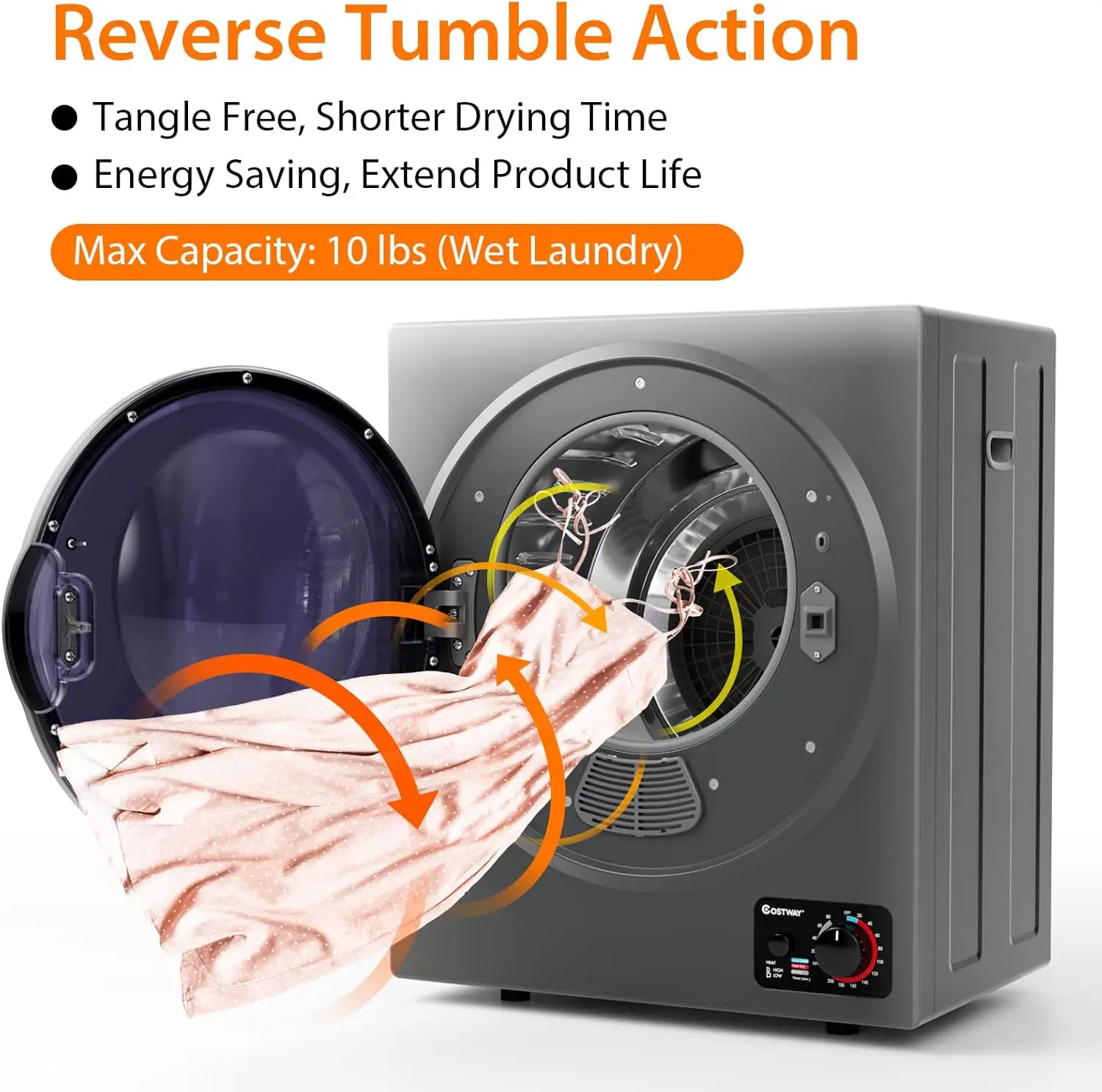 Compact Laundry Dryer, 110V Electric Portable Clothes Dryer with Stainless Steel Tub, Control Panel Downside Easy Control for 4