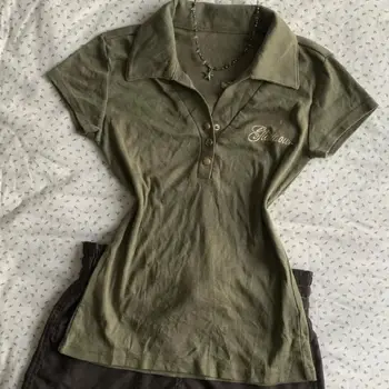 2000s American Vintage T-shits Women Short Sleeve Retro Bodycon Y2k Crop Top Office Lady Korean Fashion Harajuku Subculture Tees