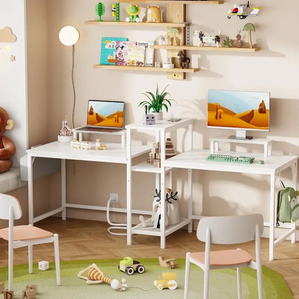 New2025-2 Person Gaming Desk with LED Lights, 71 Inch Computer Desk with Power Outlets and Monitor Stand, Double Desk with Stora