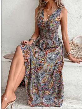 New Fashion elegante abito Boho senza maniche a vita alta estate donna stampa scollo a V abiti lunghi Casual per le donne Robe Femme 1