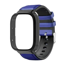 Premium Leather Strap with PC Case for Smart Watches - Elegant Wristband Bracelet Accessories (Blue)