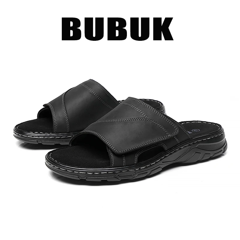 Men's First-Layer Cowhide Upper Open-Toe Breathable Slippers Outdoor Beach Shoes, Comfortable Non-Slip Casual Slippers, Suitable