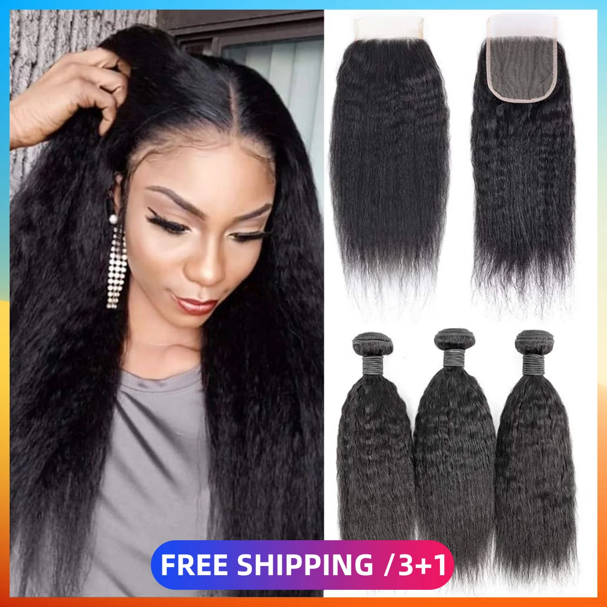 Italian Light Yaki Straight Bundles With Silk Closure 4X4 HD LACE