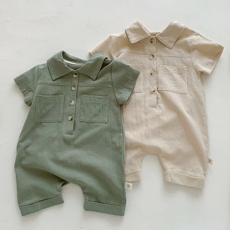 

2024 новый летний детский однотонный хлопковый комбинезон с коротким рукавом для новорожденных мальчиков 0-24 месяцев Одежда для маленьких мальчиков