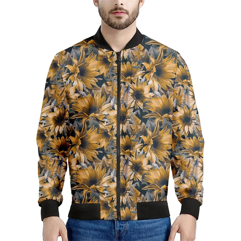thumbnail image 1 of Chaqueta con estampado de girasol en blanco y negro para hombre, sudaderas con estampado floral en 3D, chaquetas de calle de manga larga con cremallera de gran tamaño, abrigos, 1 of 5