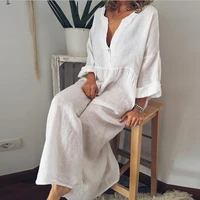 Cotton Linen Long Dress for Women Summer Pure Color Casual Short Sleeve Shirt Dress Beach Female Clothing Y2K Vestido Robe