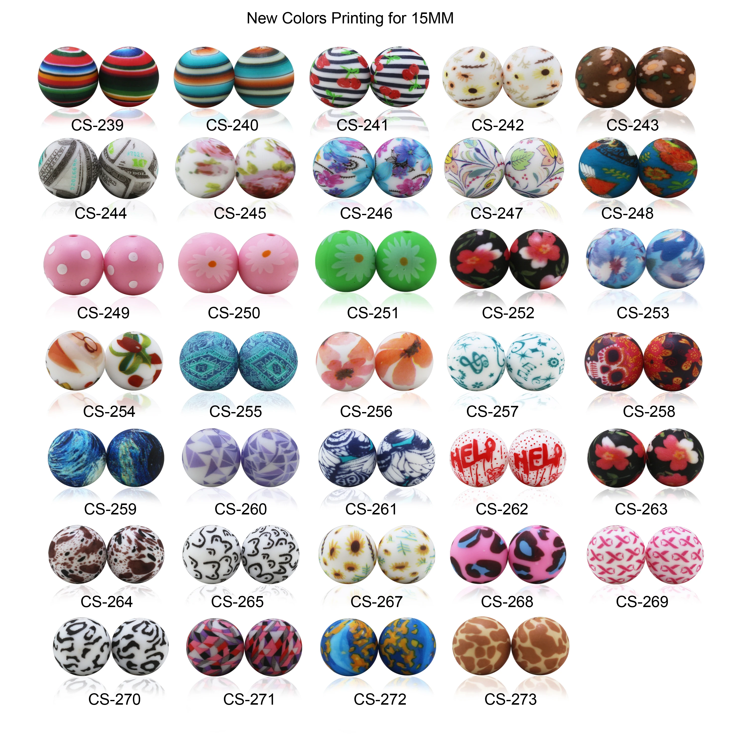 100Pcs/lot 2024 New Printed Silicone Beads 15mm Round Leopard Terrazzo Dalmatian Camo For Jewelry Making DIY Accessories