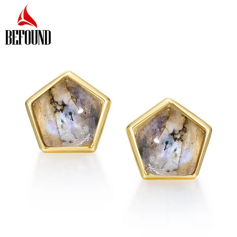 

2023 New Succinct Pentagon Stud Earrings 925 Silver Labradorite Earrings Women Gold Plated Geometric Personalized Jewelry