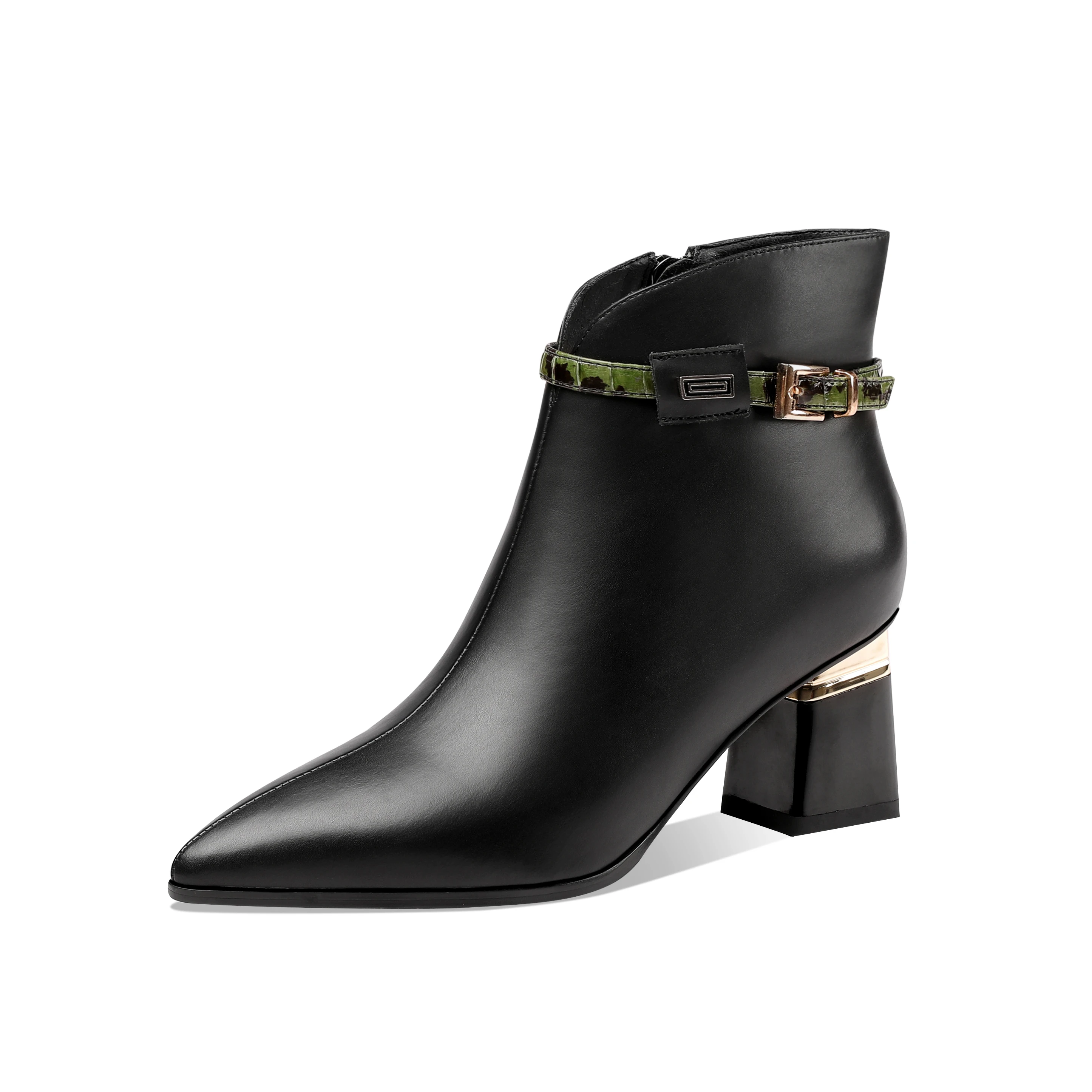 

Mstyle Genuine Leather Chunky Heel Modern Belt Women's Ankle Boots Side Zip Up Pointed Toe Buckle Handmade Ladies Black Boot
